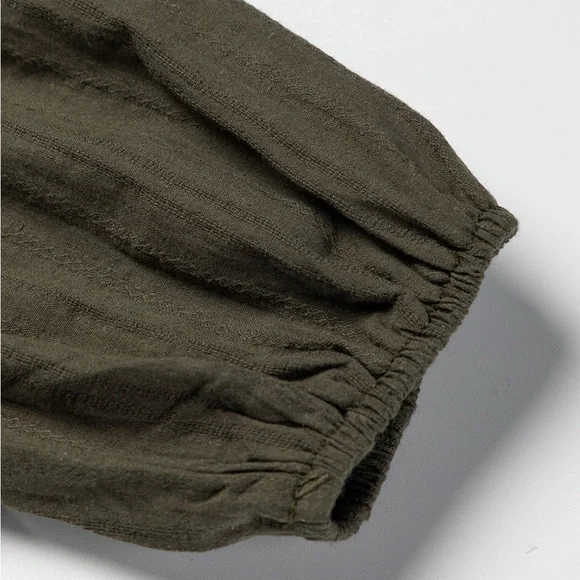 Green Embroidered Split Neck Pleated Loose Blouse Bohemian Top - Picture 13 of 15